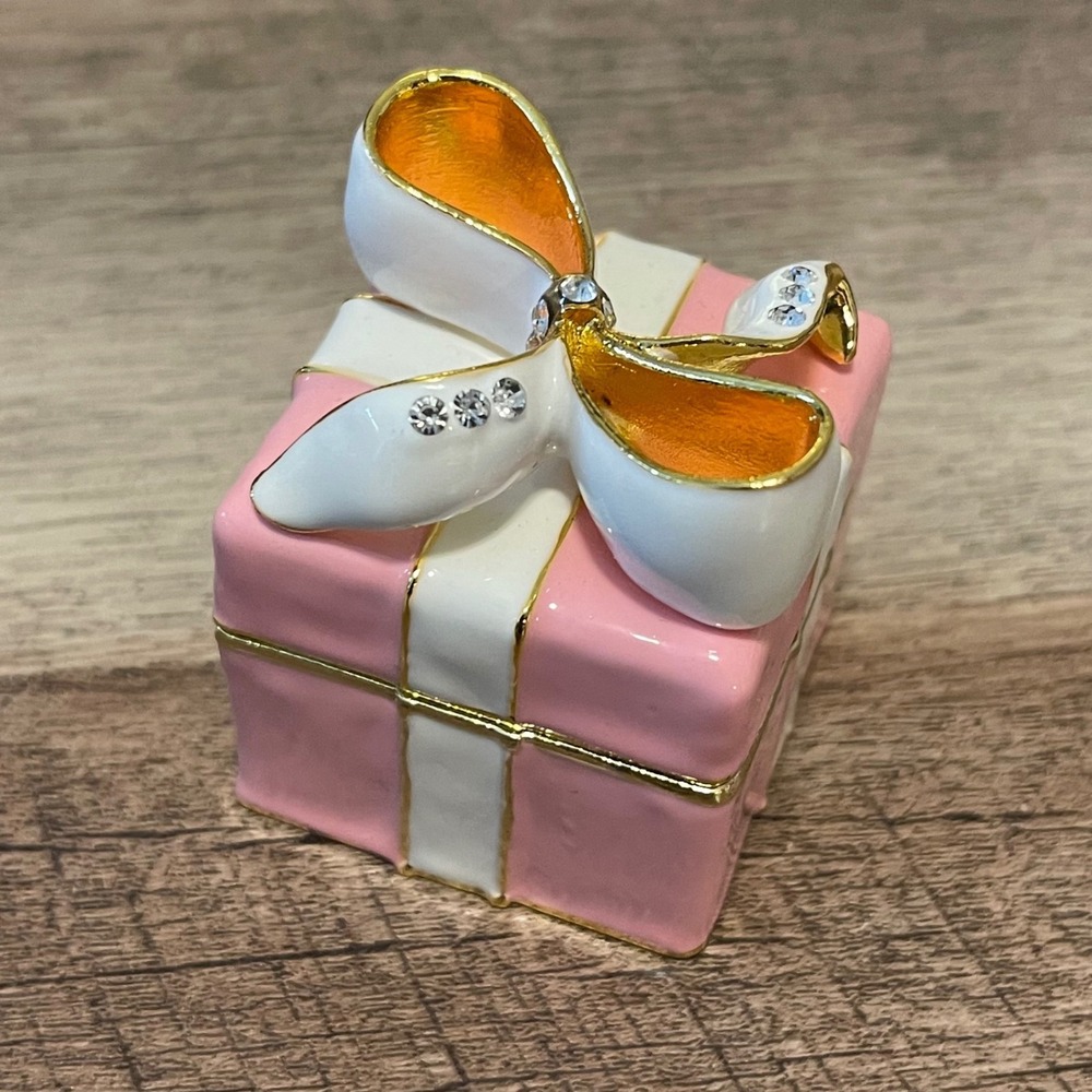 Pink‎ White Gold Gift Box Trinket Jewelry Ring Holder Hinged Box Rhinestones